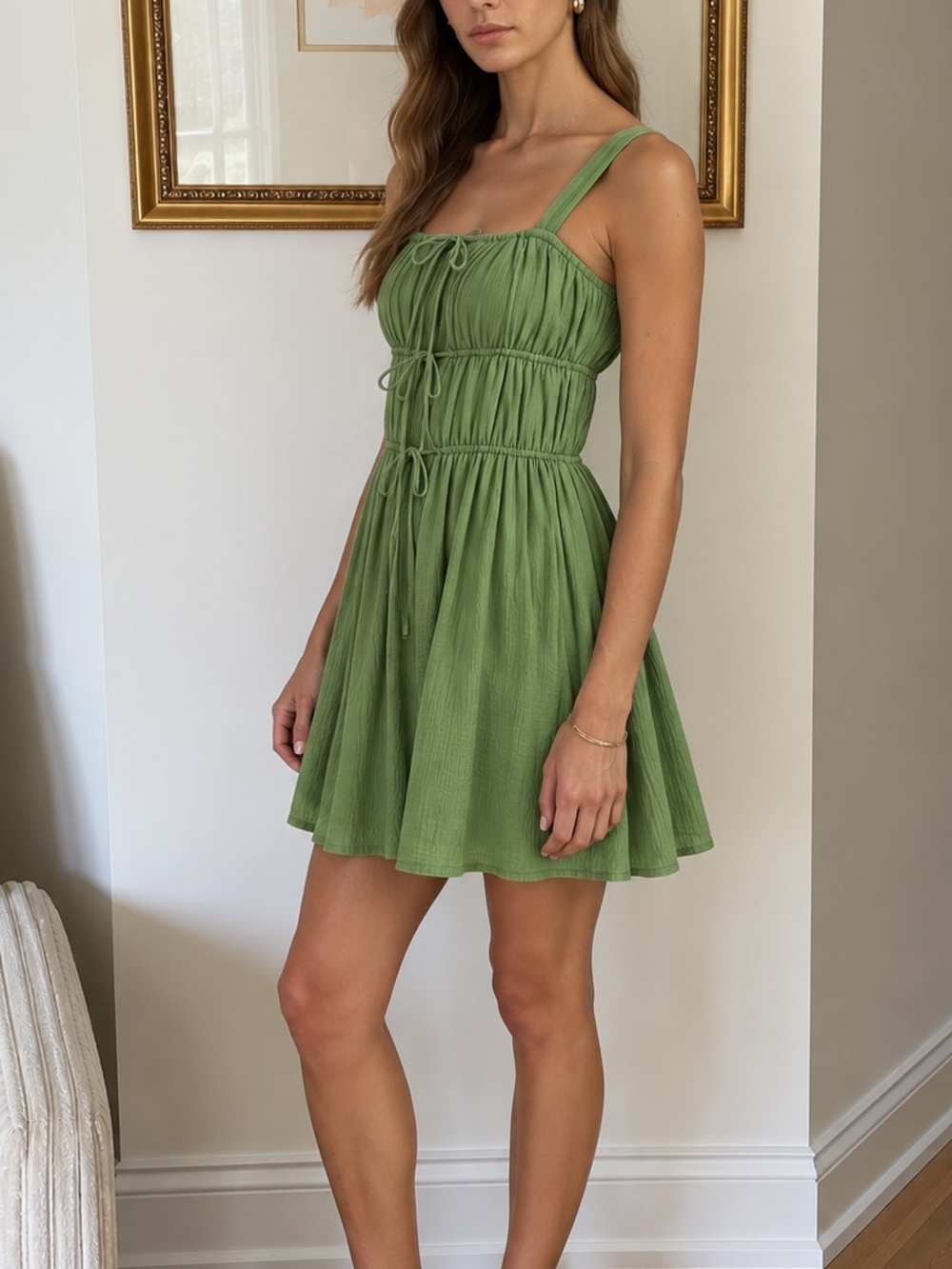 Abercrombie & Fitch Olive Green Ruched Tie-Front Mini Dress